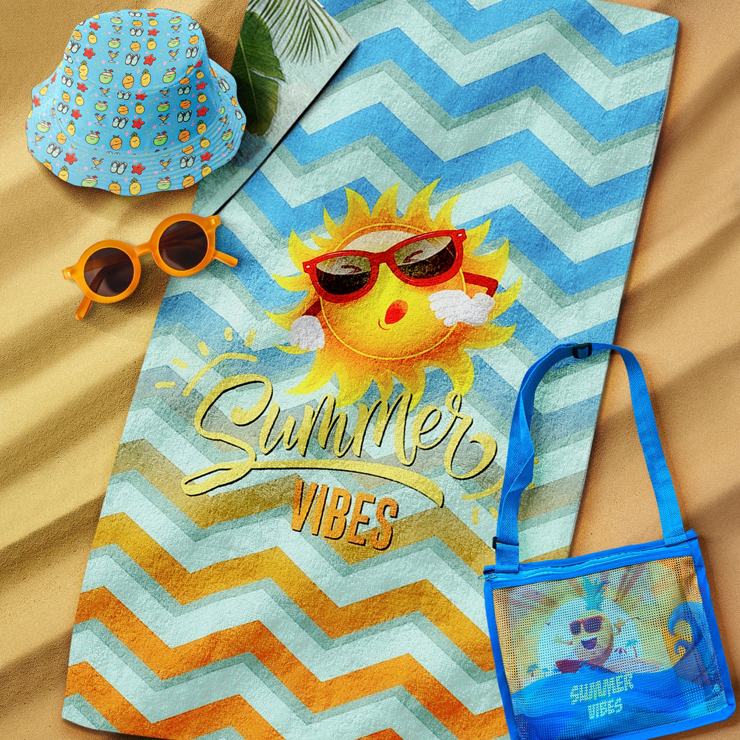 JoyX Kids Beach Bundle Set: UV-Protected Hat, Double-Sided Towel & Beach Bag - Summer Fun Essentials (Flamingo & Splash)