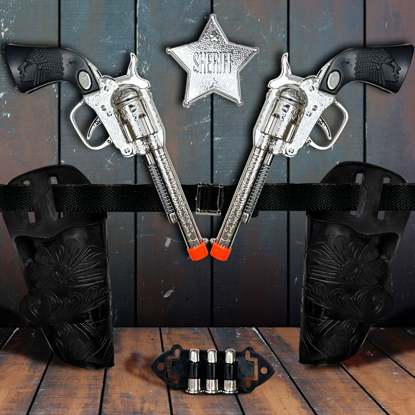Old Western Action Belt Set for Kids with 2 Toy Pistols, Sheriff Badge, Gun Holsters, and 3 Play Bullets