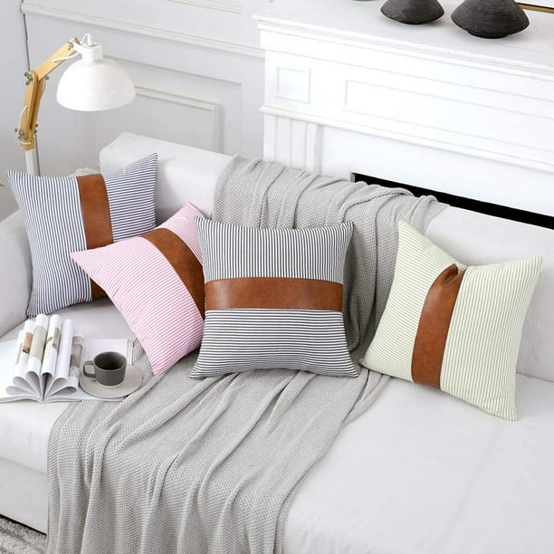 Decorative Pillow Covers Brown Faux Leather Boho Stripe Pillowcases