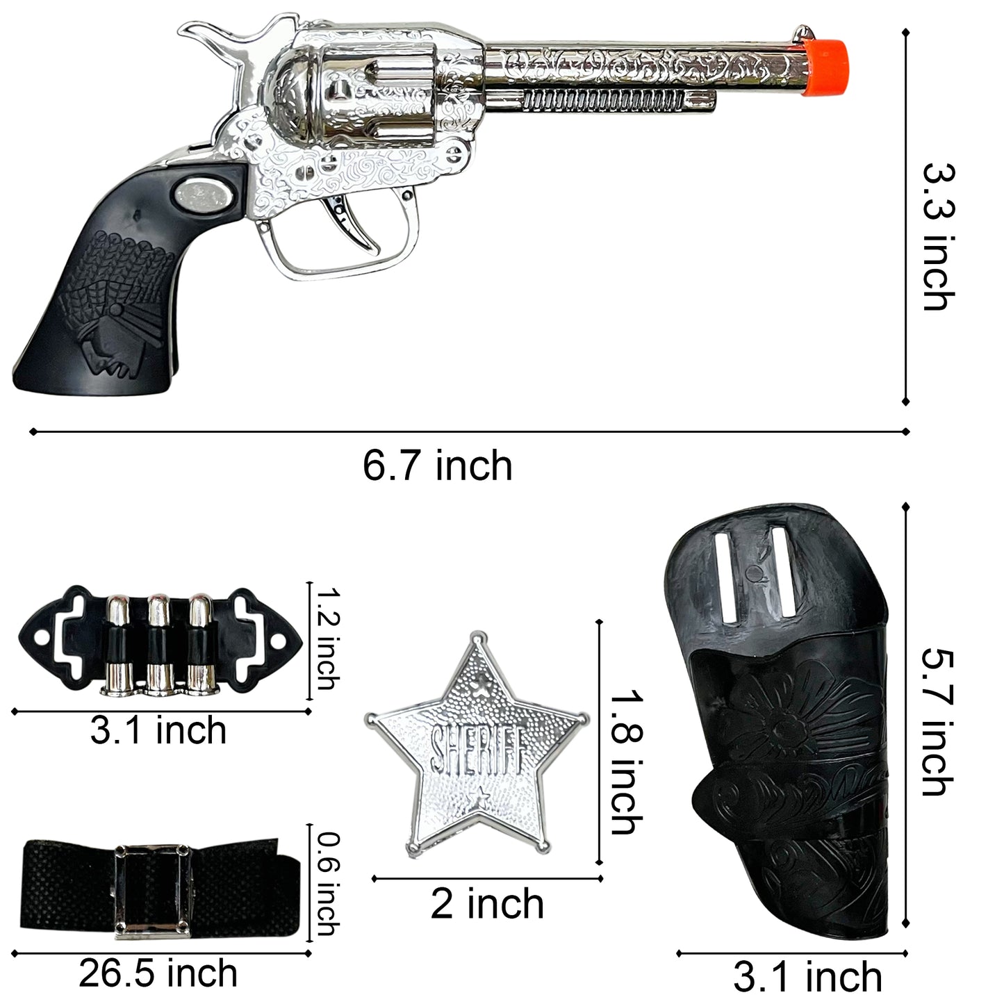 Old Western Action Belt Set for Kids with 2 Toy Pistols, Sheriff Badge, Gun Holsters, and 3 Play Bullets