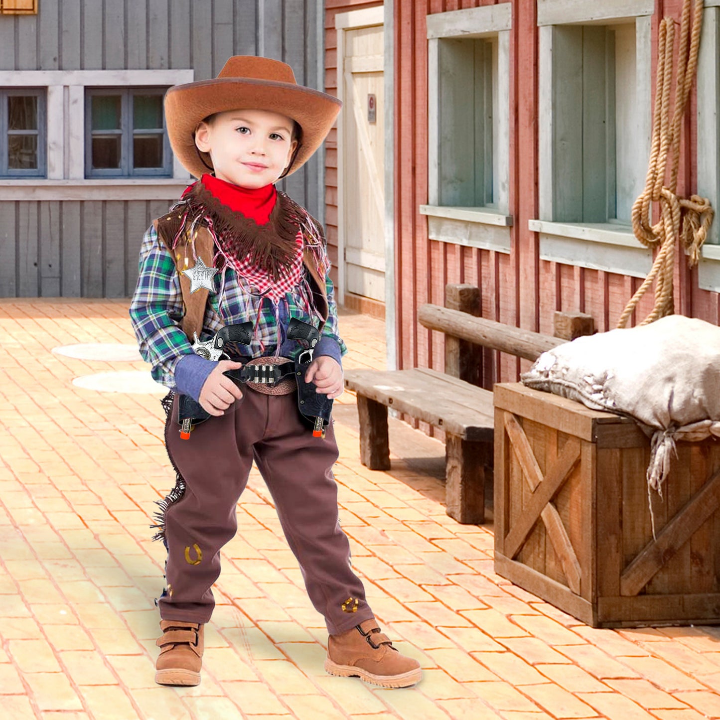 Old Western Action Belt Set for Kids with 2 Toy Pistols, Sheriff Badge, Gun Holsters, and 3 Play Bullets