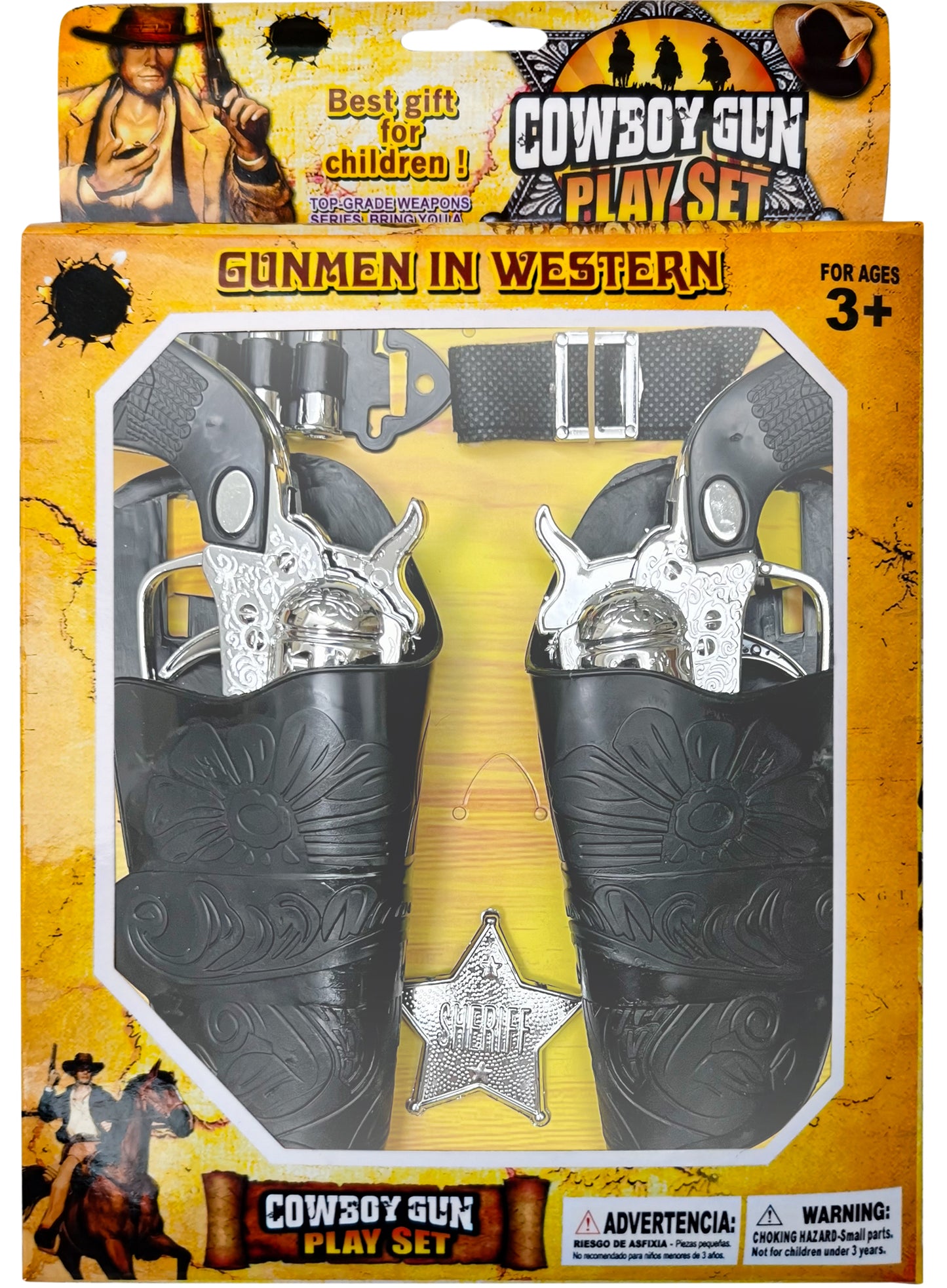 Old Western Action Belt Set for Kids with 2 Toy Pistols, Sheriff Badge, Gun Holsters, and 3 Play Bullets