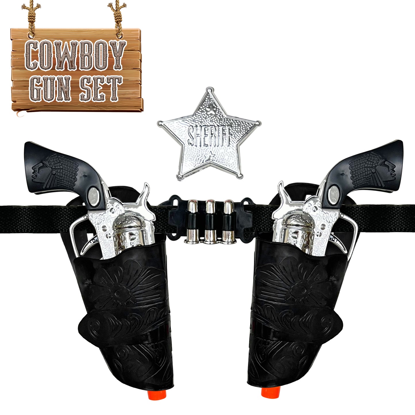 Old Western Action Belt Set for Kids with 2 Toy Pistols, Sheriff Badge, Gun Holsters, and 3 Play Bullets