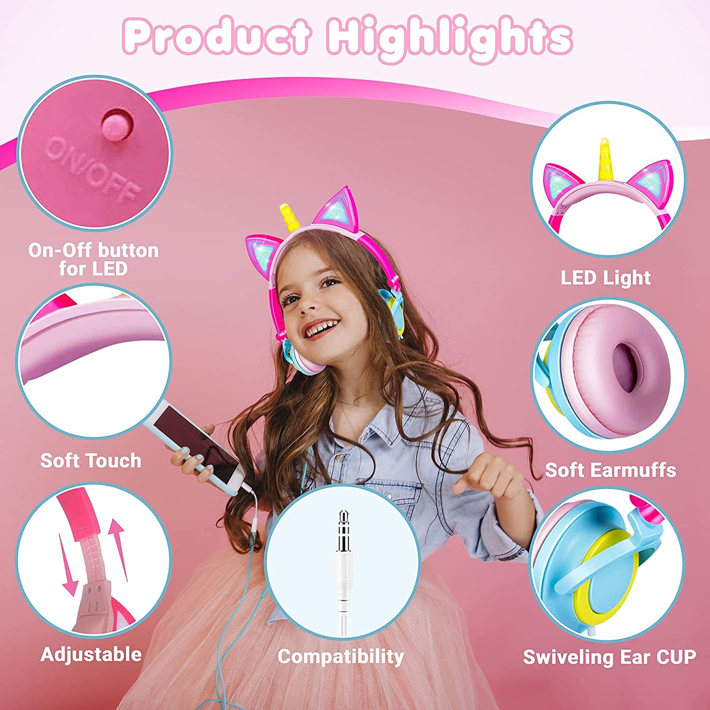 LED Unicorn Kids Headphones - Foldable Cat Ear Design for Girls School Essentials