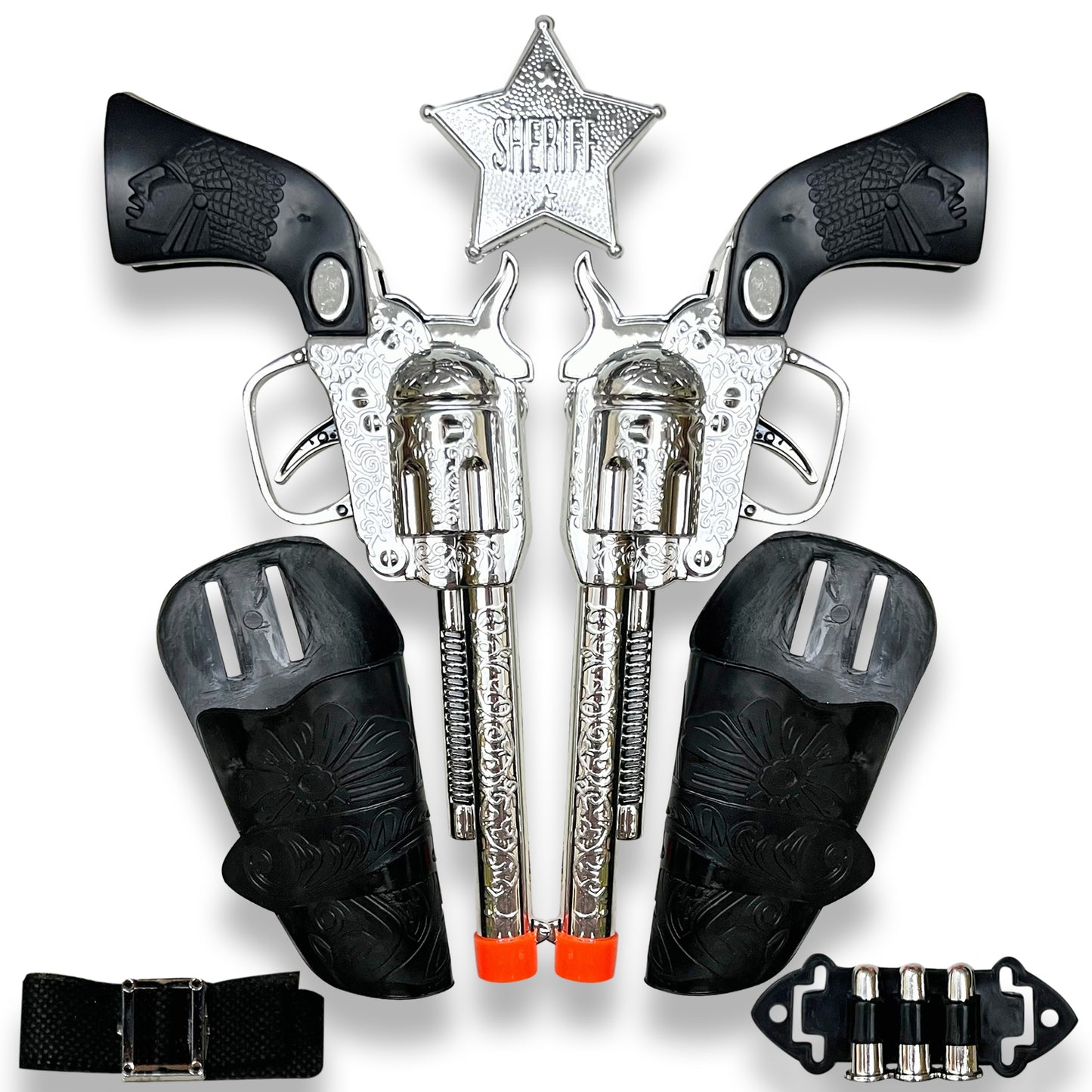 Old Western Action Belt Set for Kids with 2 Toy Pistols, Sheriff Badge, Gun Holsters, and 3 Play Bullets