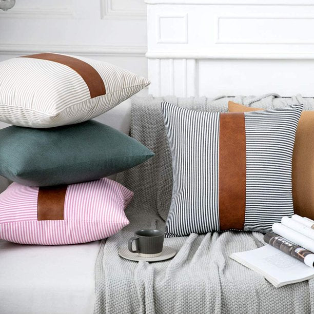 Decorative Pillow Covers Brown Faux Leather Boho Stripe Pillowcases