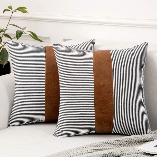 Decorative Pillow Covers Brown Faux Leather Boho Stripe Pillowcases