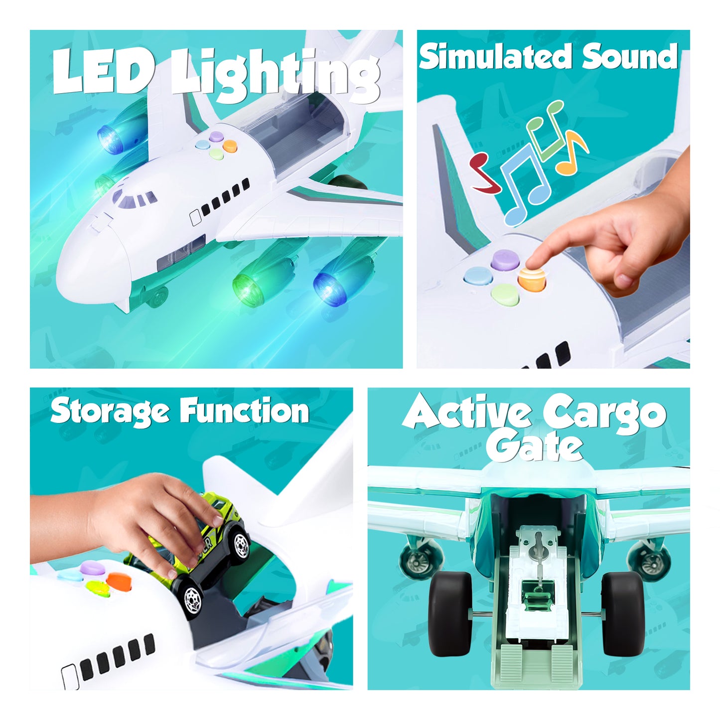 oy set designed for children that includes an airplane and cars