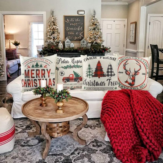 Farm Fresh Christmas Trees throw pillow cover with red truck and trees