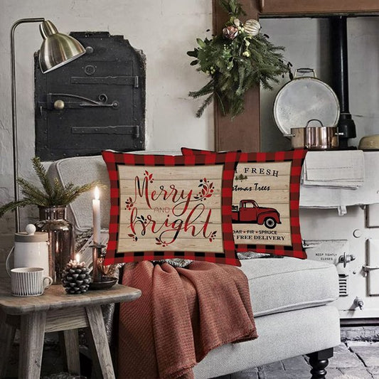 “Merry Christmas” throw pillow cover with red and green sleigh design