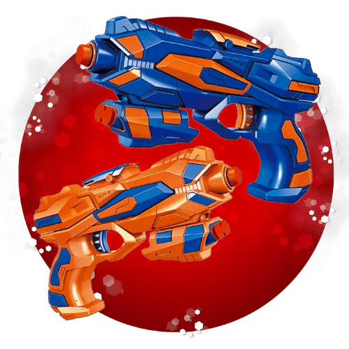 Two toy blaster guns in blue and orange against a festive red backdrop with white speckles