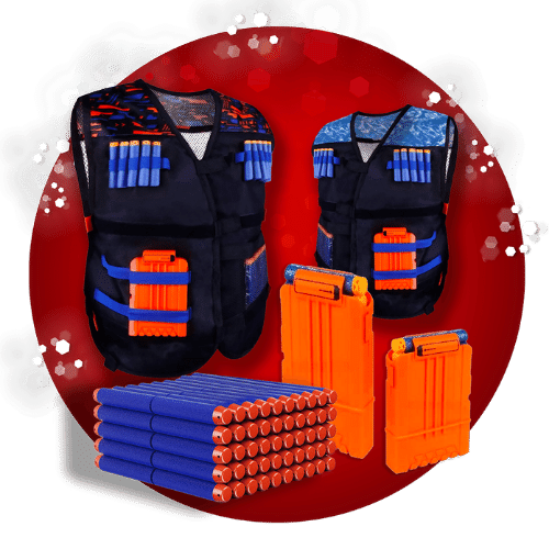 Tactical vest kits for toy blaster games with foam darts and magazine clips on a red snowy background.
