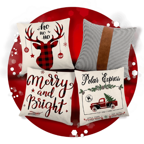 Assorted Christmas pillows with reindeer, 'Merry and Bright', and 'Polar Express' designs on red festive background.