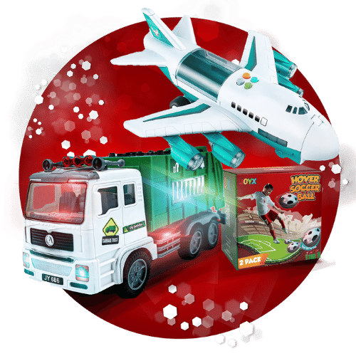 A red holiday ornament adorned with images of a toy plane, firetruck, and hover soccer ball set.