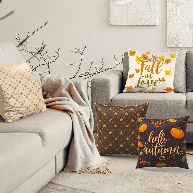 Elegant Fall Decor - DecorX Rustic Pillow Covers, Set of 4, 18x18, Autumn Leaf & Pumpkin Patterns