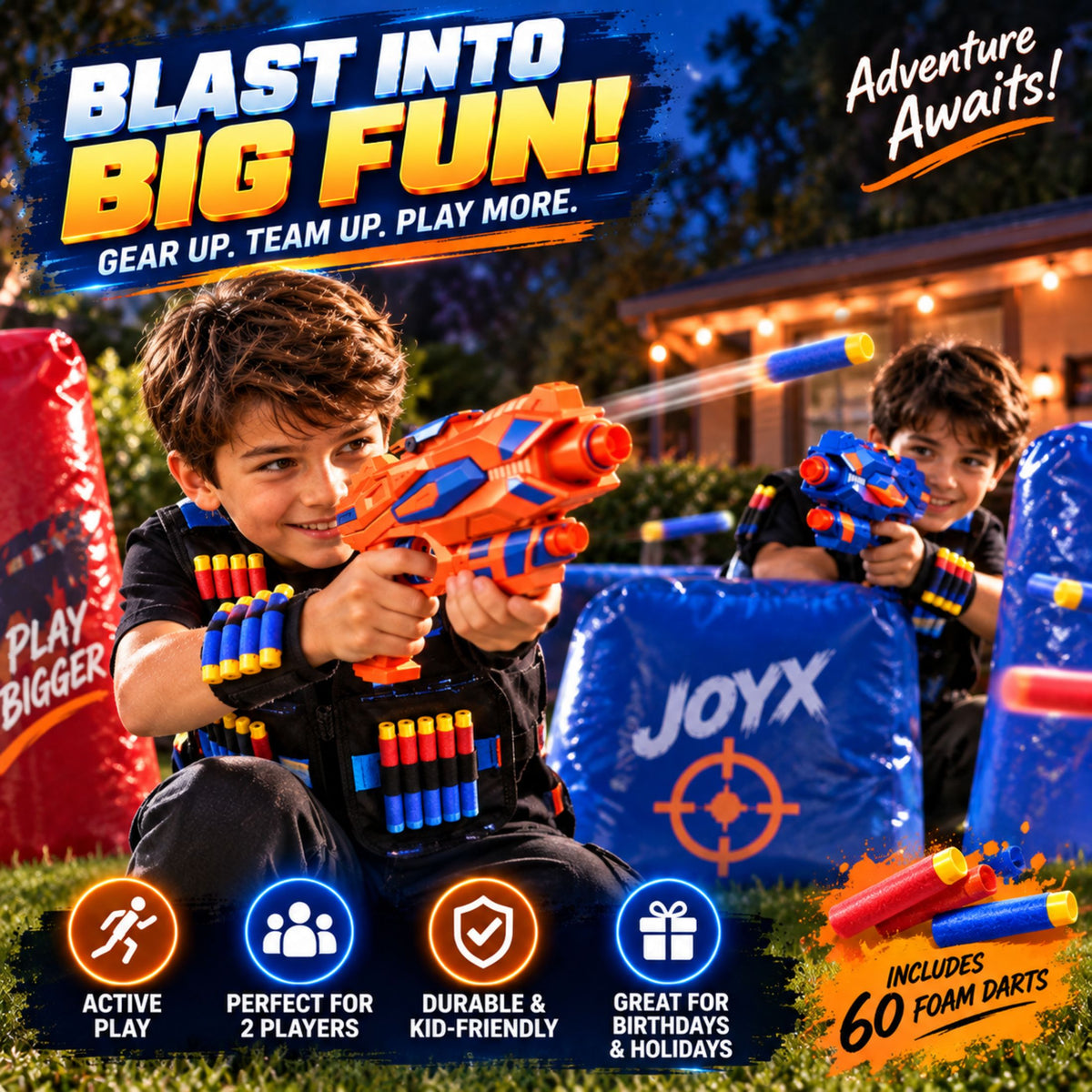 JoyX 2-Player Foam Dart Blaster Set with 60 Darts & Wristbands