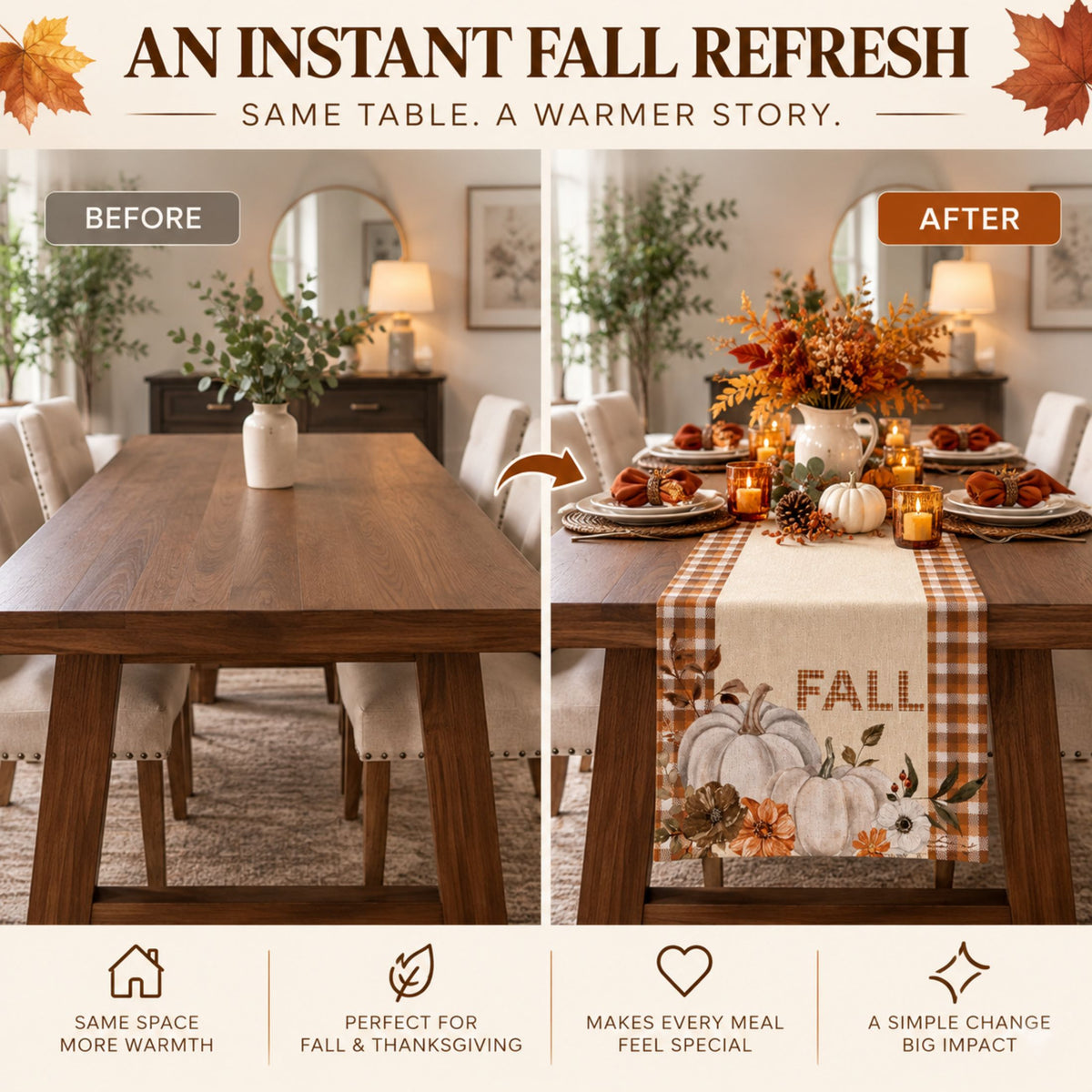 Fall Table Runner 14x72 | Pumpkin Thanksgiving Decor | DecorX