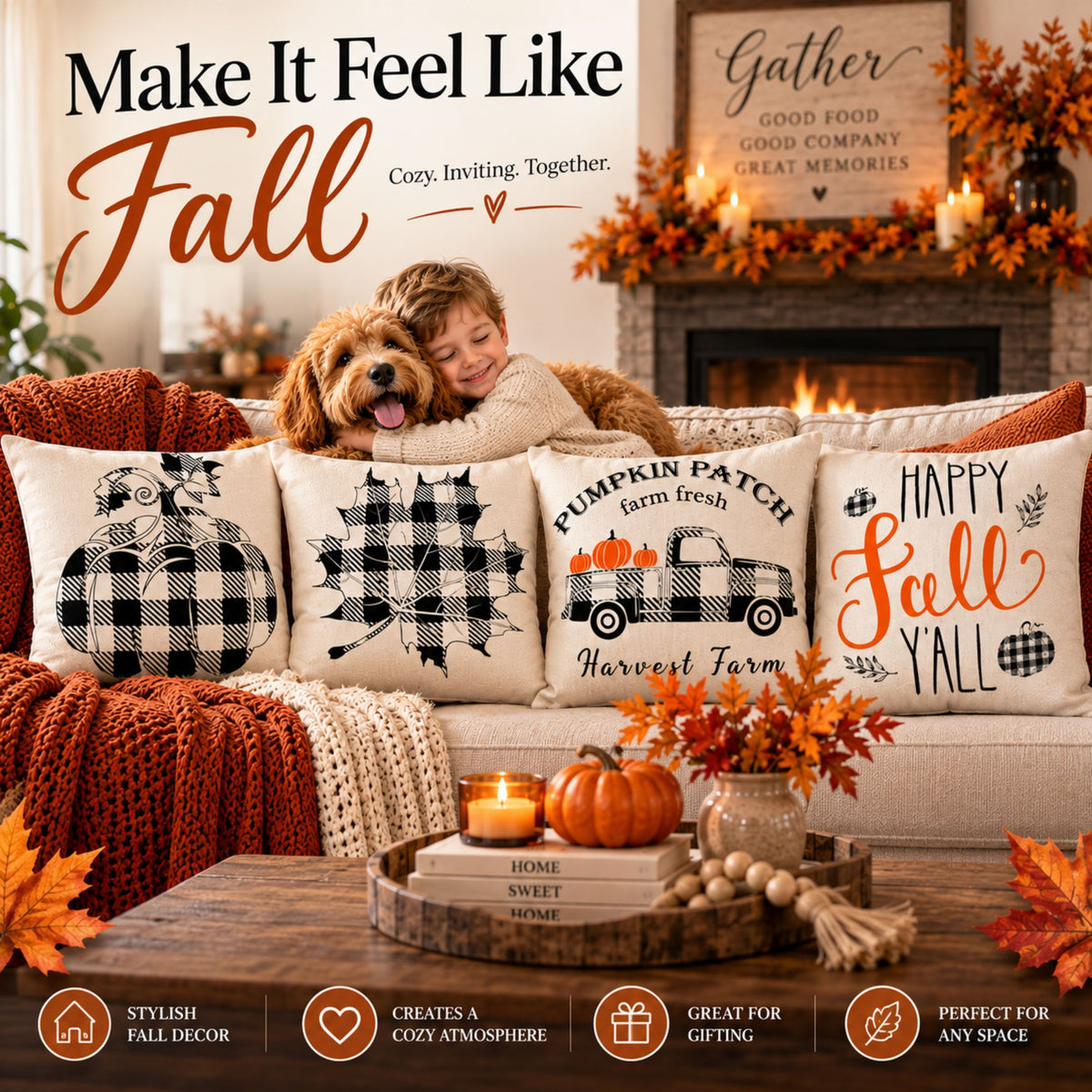 DecorX Fall Farmhouse Pillow Covers – Set of 4, 18x18