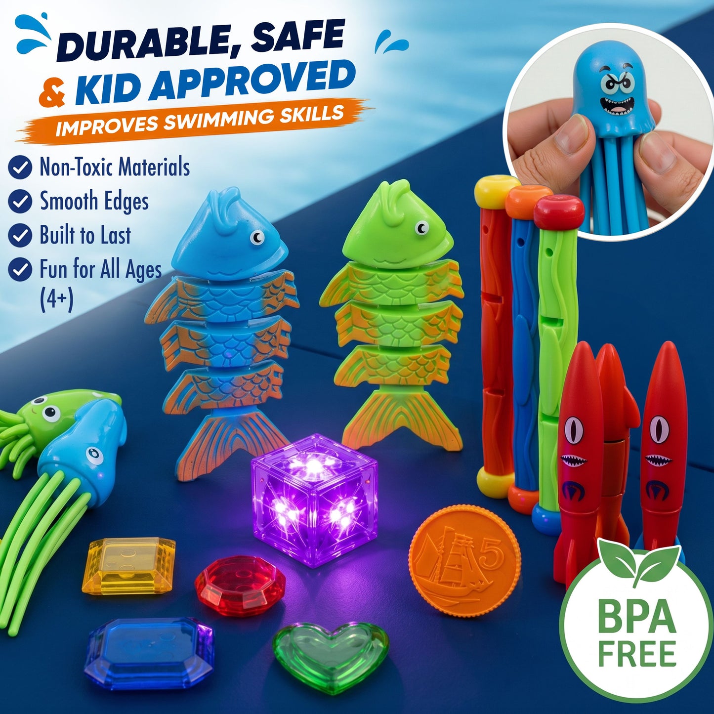 35 Pcs Pool Toys Set with LED Pool Light Cubes Diving and Swimming Learning for Kids