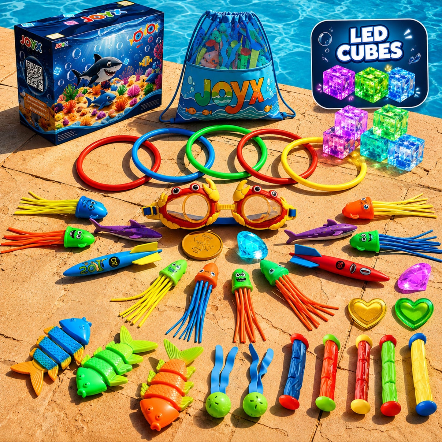 35-Piece Glow Pool Diving Toys Set with LED Cubes, Goggles & Bag