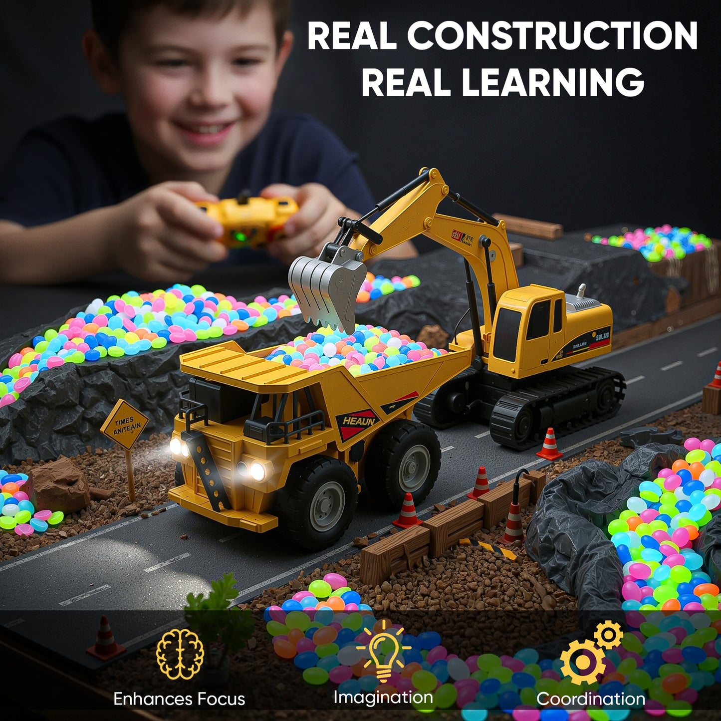 RC 2-in-1 Truck & Excavator Set – Rechargeable STEM Construction Toy with LED Lights & Glow-in-the-Dark Stones
