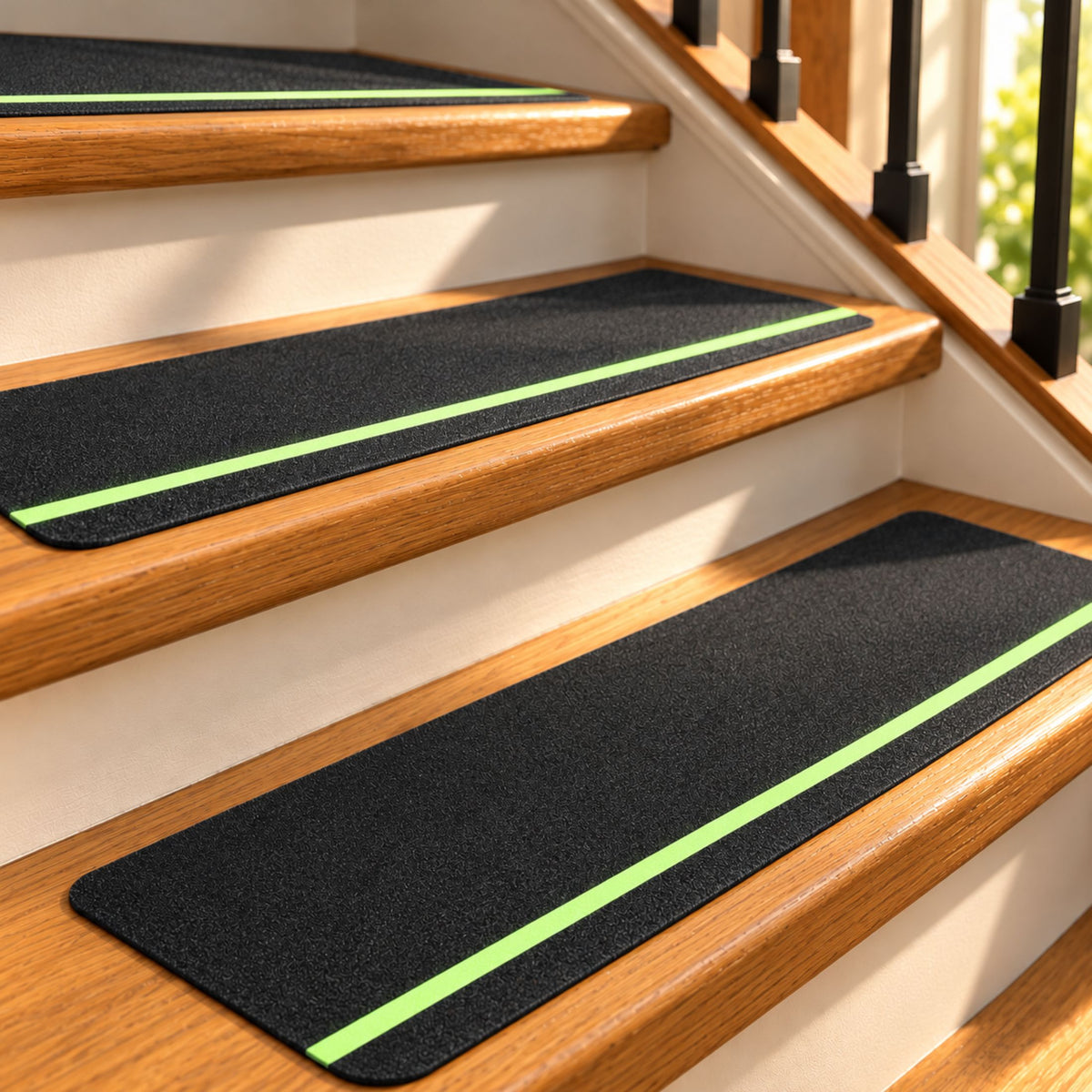 DecorX Black Non-Slip Stair Treads with Glow Stripe & Roller, 12-Pack