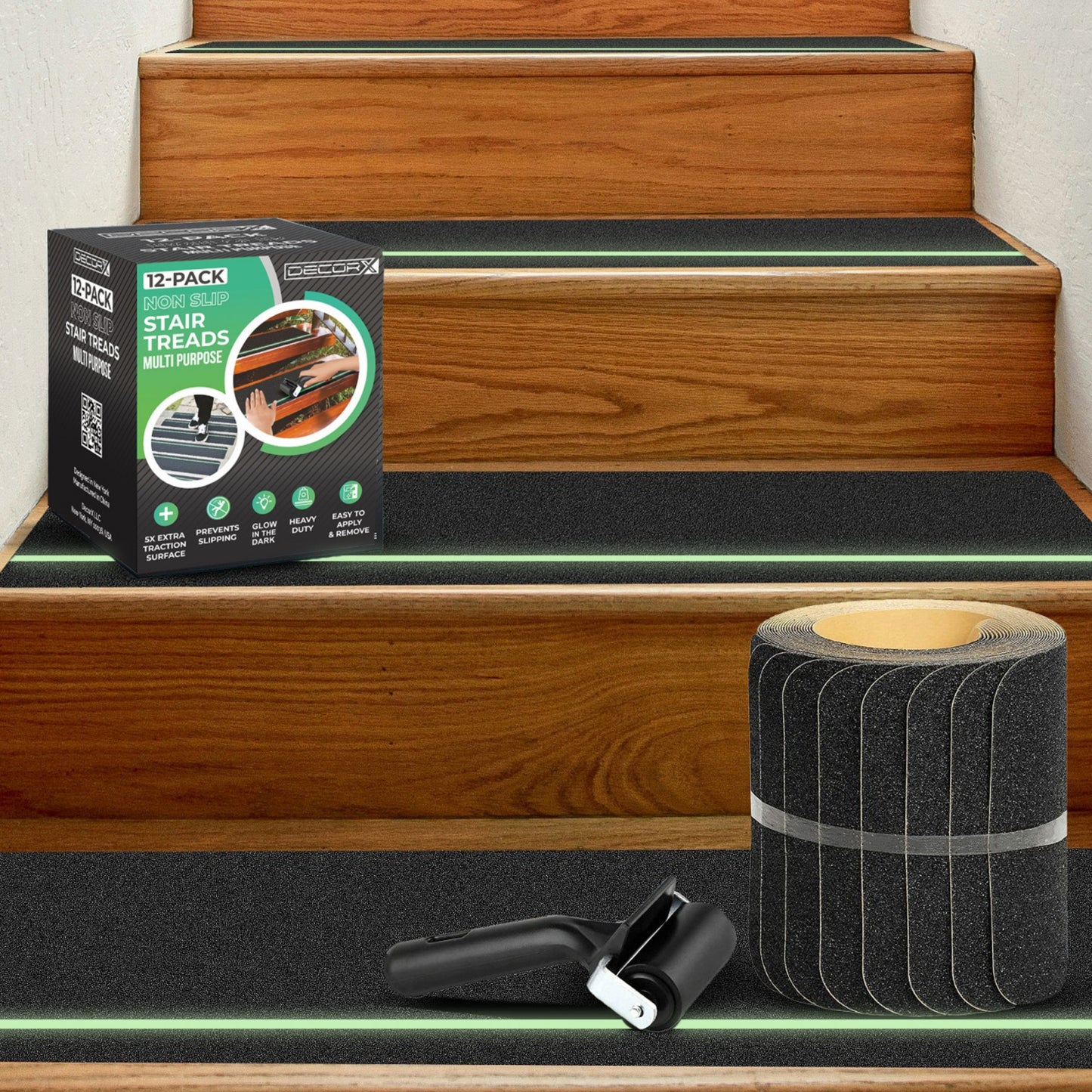 DecorX 12-Pack Glow-in-the-Dark Stair Treads with Roller | Pre-Cut 30” x 6” Waterproof Non-Slip Outdoor Tape | Safe Anti-Slip Traction for Stairs, Decks, and Walkways – Ideal for All Weather Conditions