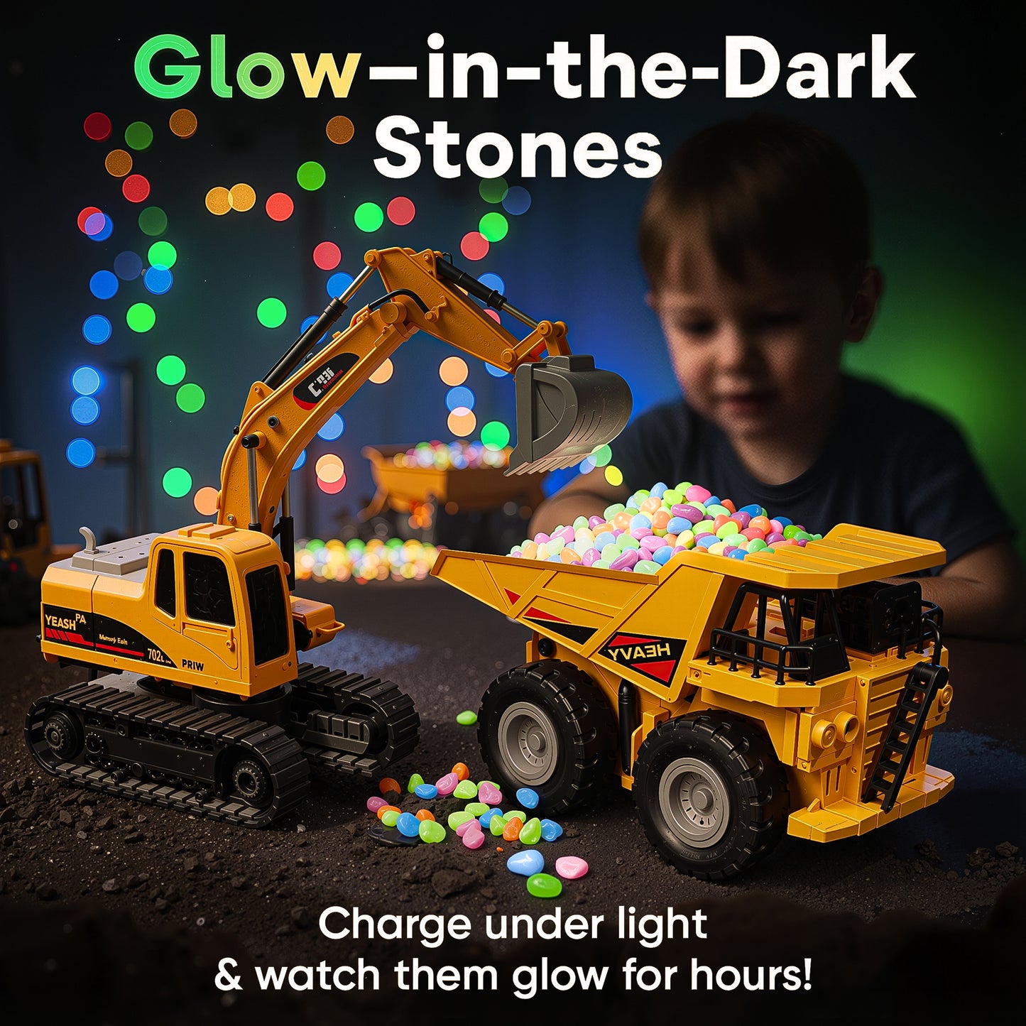 RC 2-in-1 Truck & Excavator Set – Rechargeable STEM Construction Toy with LED Lights & Glow-in-the-Dark Stones