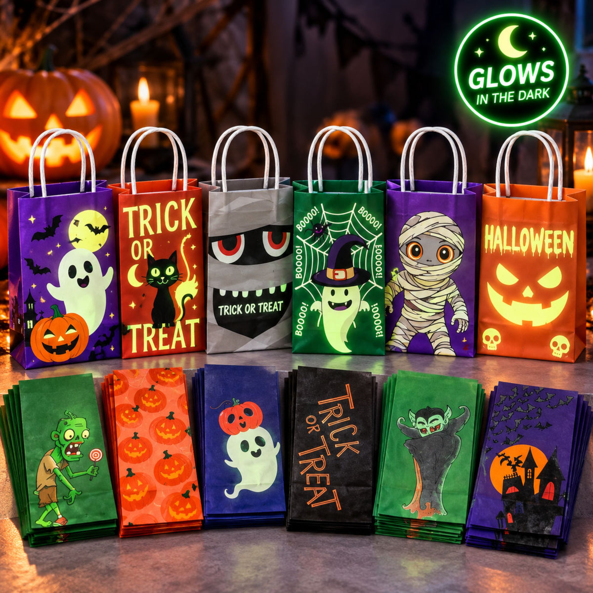 JoyX 48-Pack Glow in the Dark Halloween Treat Bags with 48 Stickers