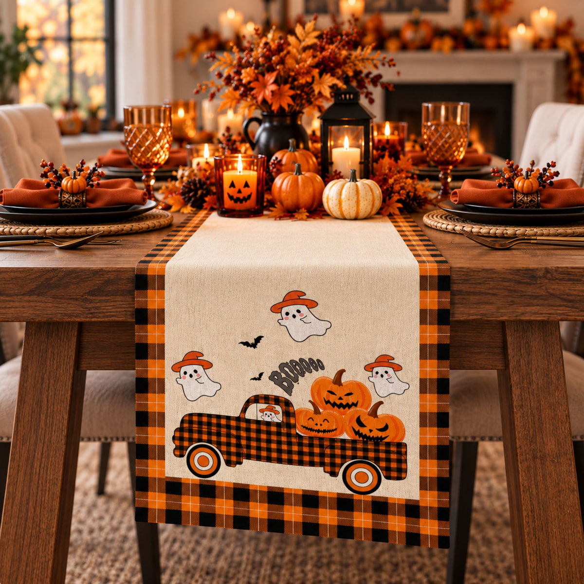 DecorX Halloween Table Runner 14x72 – Pumpkin Ghost Buffalo Plaid