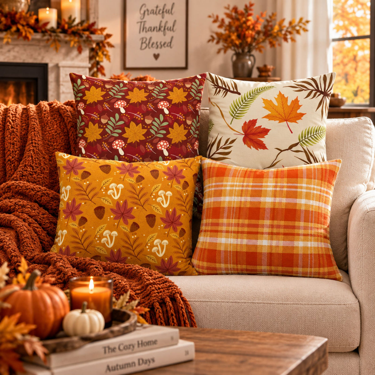 DecorX Fall Pillow Covers Set of 4 – 18x18 Maple Leaf & Plaid