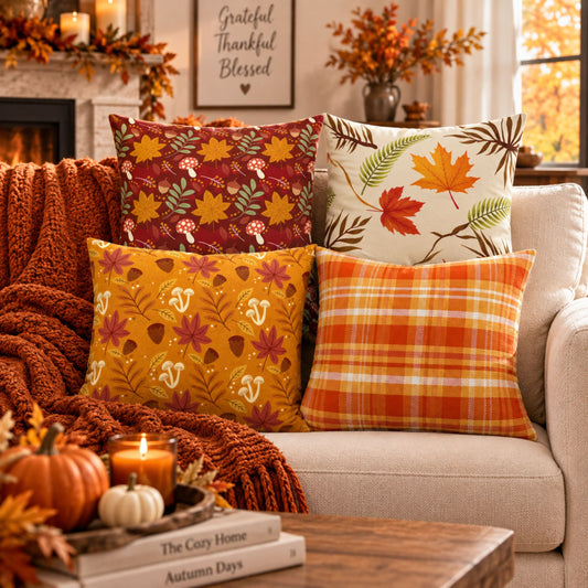 DecorX Fall Pillow Covers Set of 4 – 18x18 Maple Leaf & Plaid