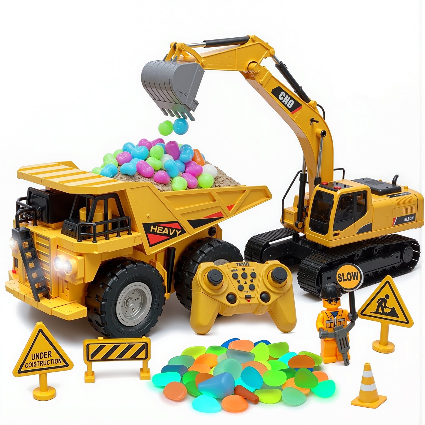 RC 2-in-1 Truck & Excavator Set – Rechargeable STEM Construction Toy with LED Lights & Glow-in-the-Dark Stones