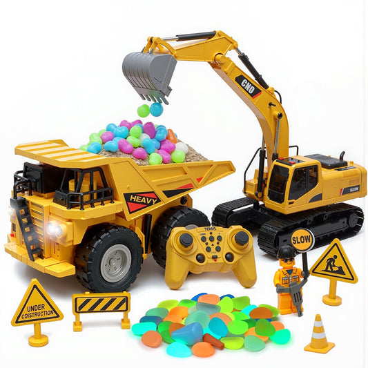 RC 2-in-1 Truck & Excavator Set – Rechargeable STEM Construction Toy with LED Lights & Glow-in-the-Dark Stones