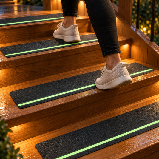 DecorX Black Non-Slip Stair Treads with Glow Stripe & Roller, 12-Pack