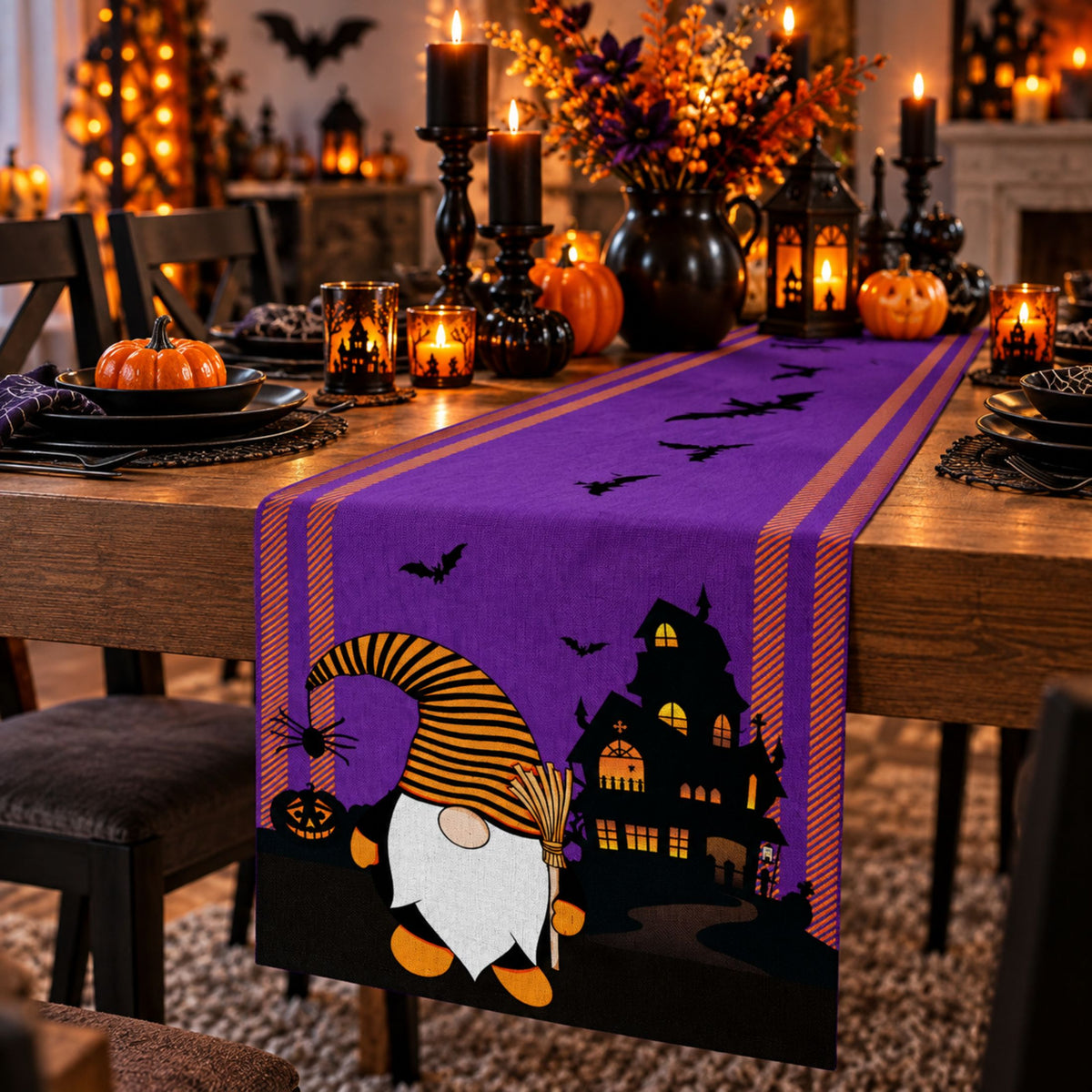 DecorX Purple Halloween Table Runner 14x72 – Gnome Haunted House