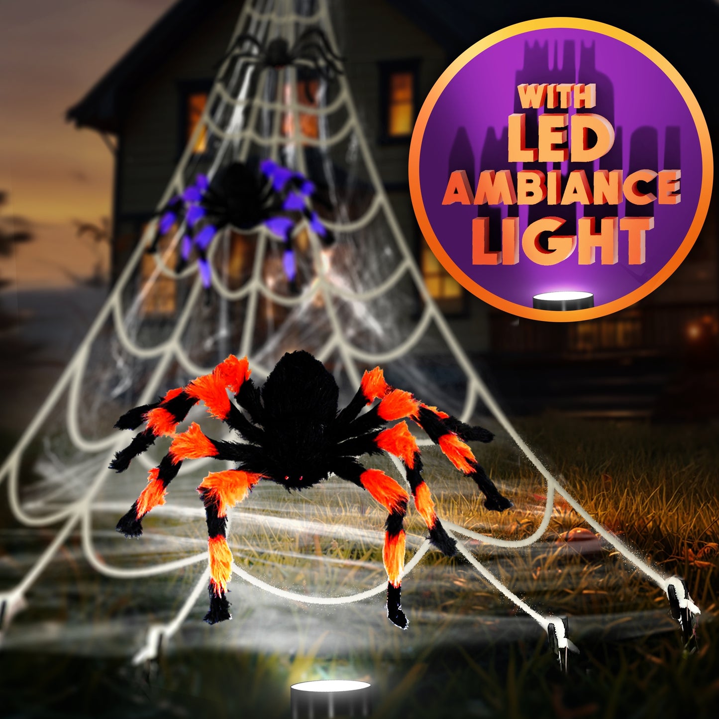 Giant Halloween Spider Web Decoration Set with LED Light | 3 Large Spooky Spiders & 20 Glow-in-the-Dark Spiders