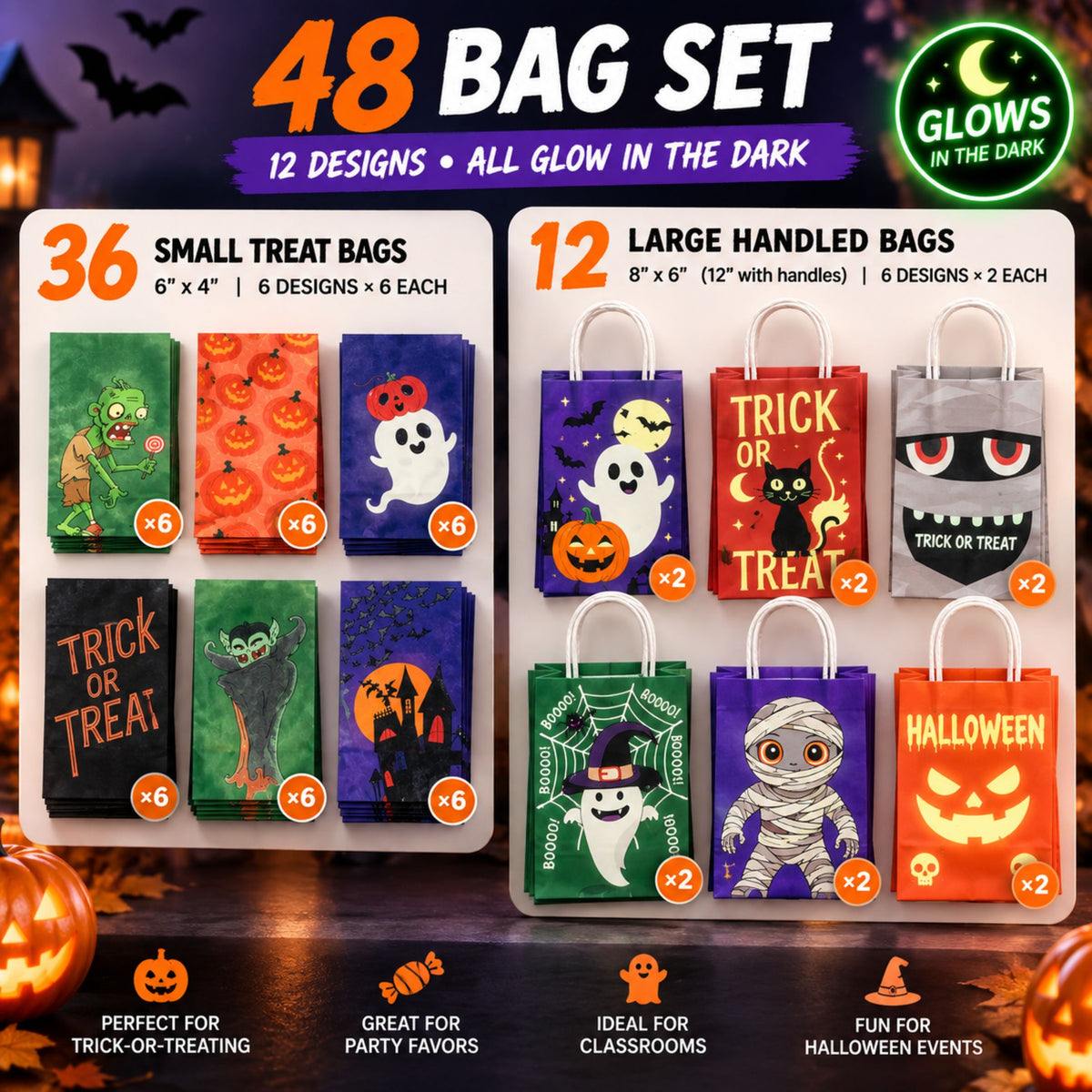 JoyX 48-Pack Glow in the Dark Halloween Treat Bags with 48 Stickers