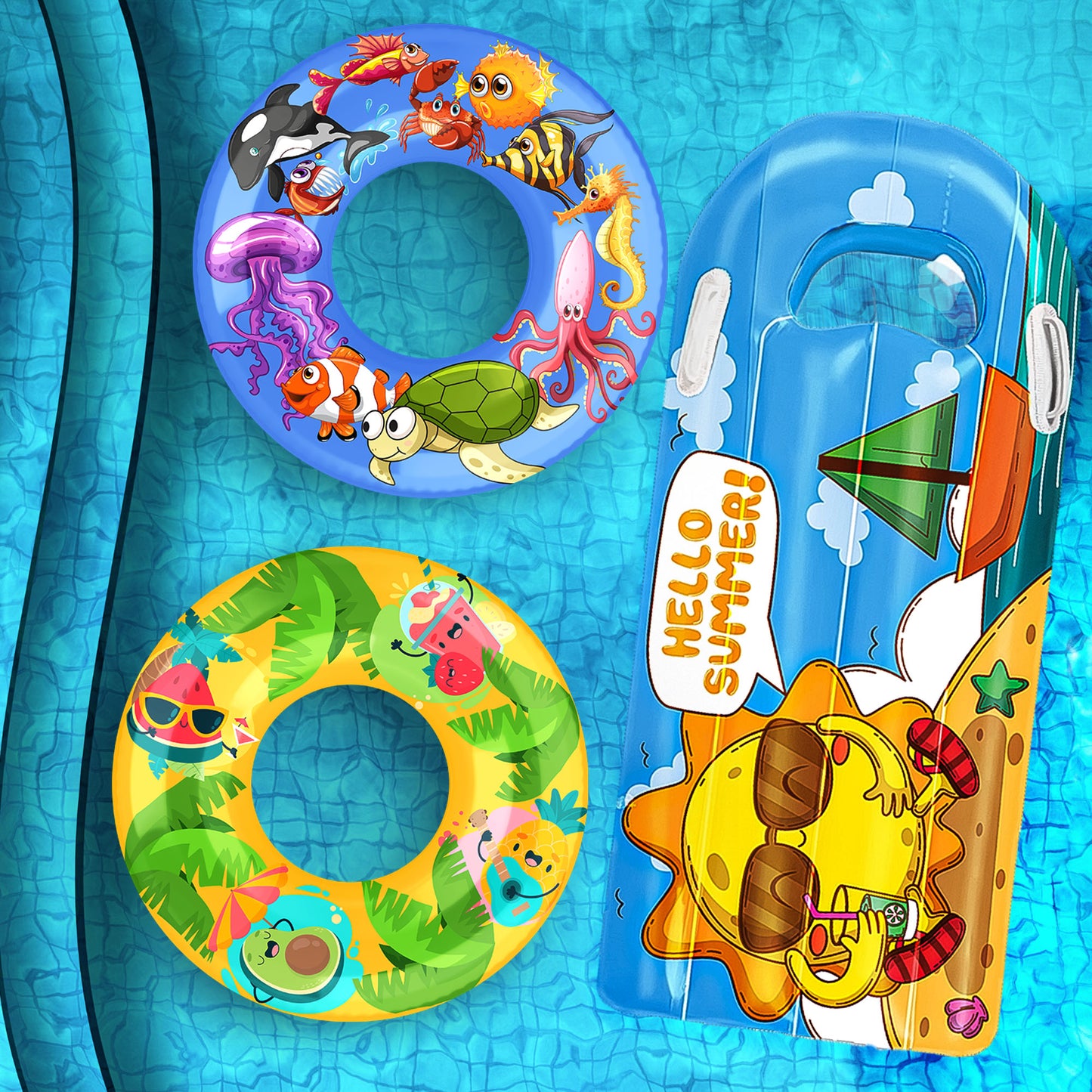 JoyX 3-Pack Kids Pool Floats - Inflatable Swimming Rings with Cute Summer Fruit & Undersea Animal Floaties