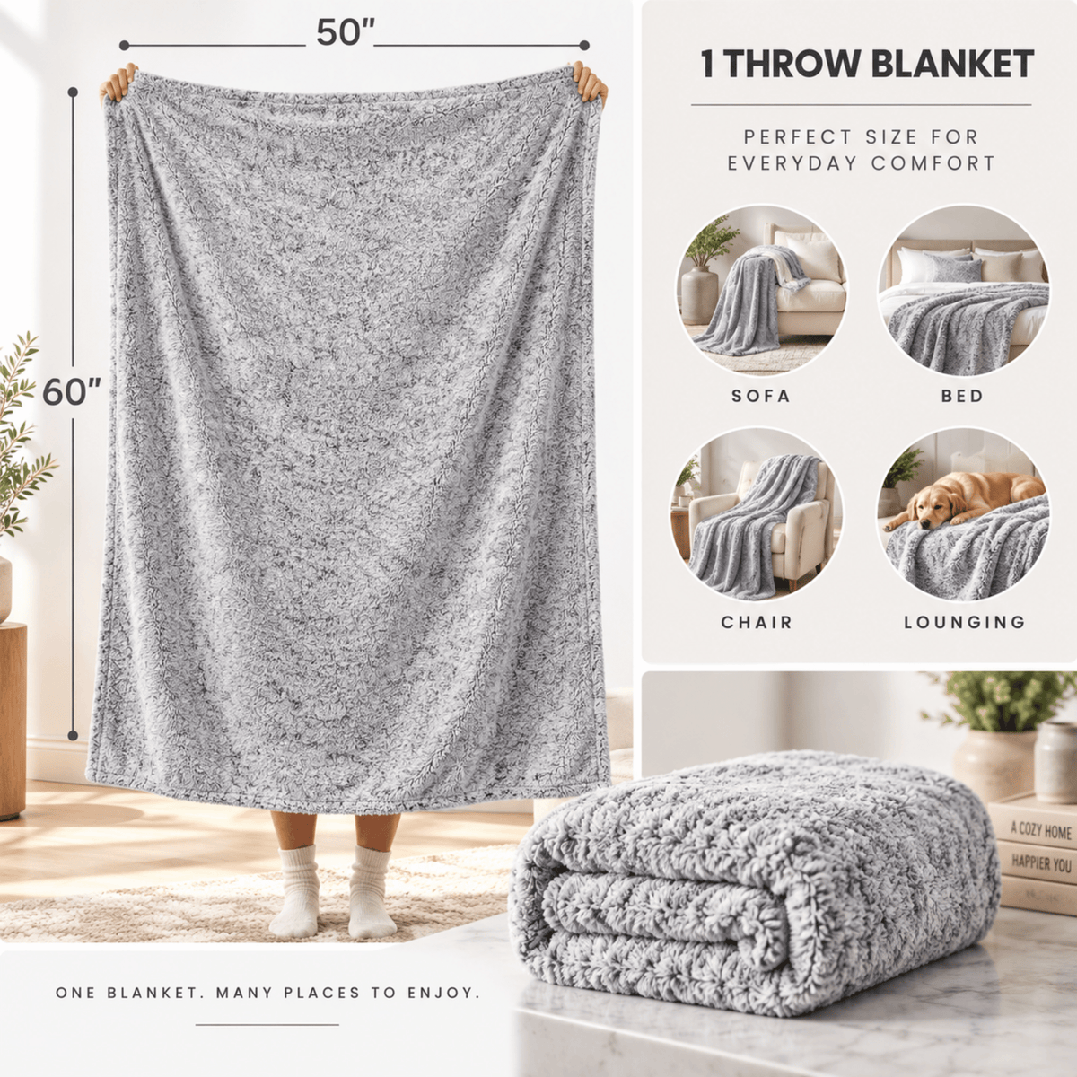 DecorX Gray Flannel Fleece Throw Blanket – 50 x 60 in