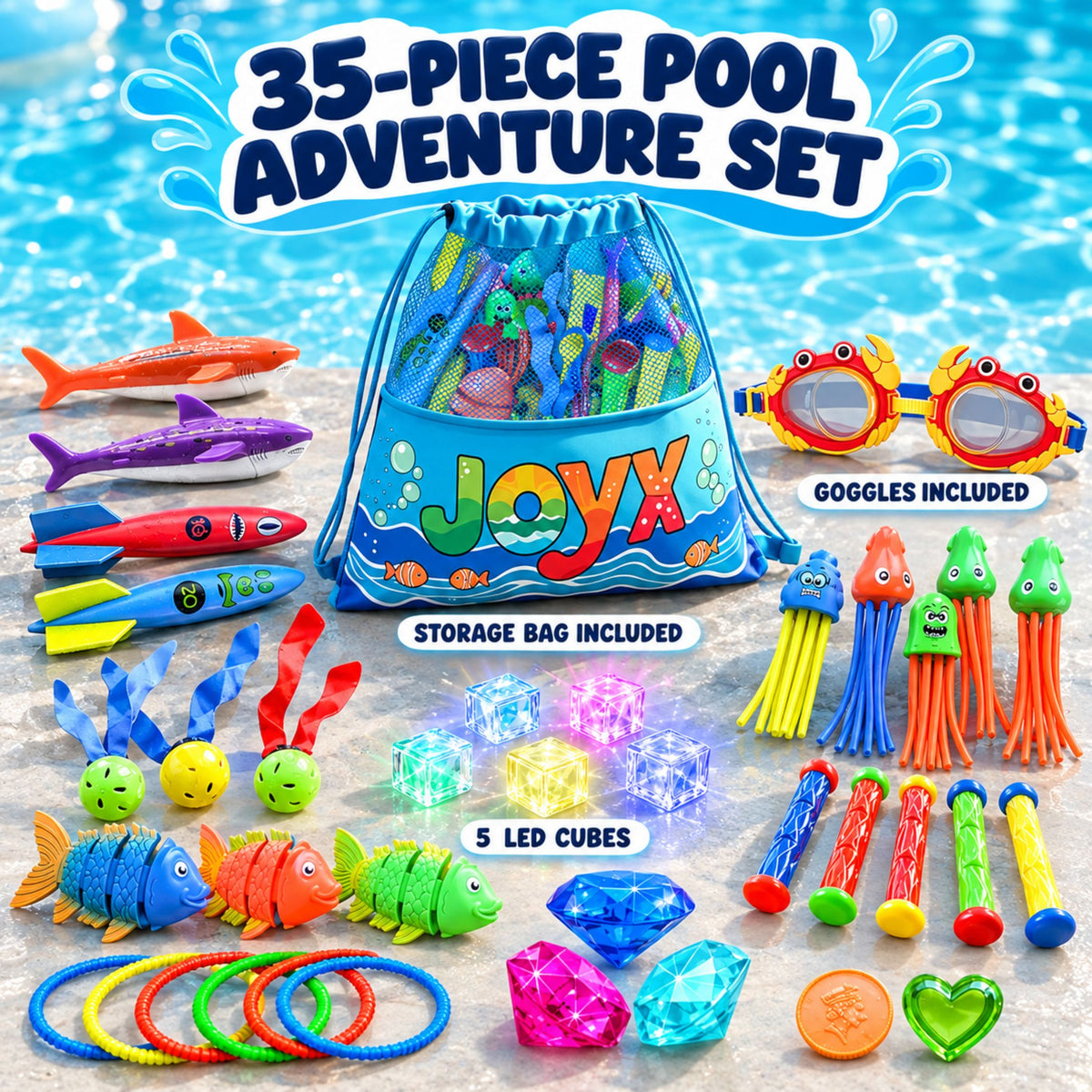 35-Piece Glow Pool Diving Toys Set with LED Cubes, Goggles & Bag