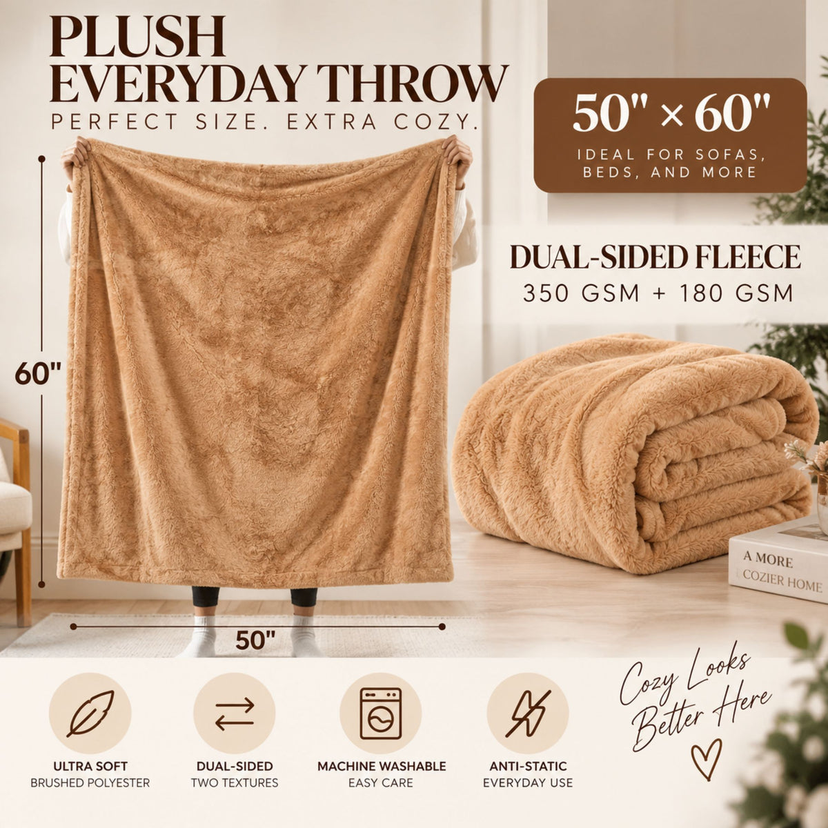 DecorX Dual-Sided Plush Throw Blanket – Camel, 50x60
