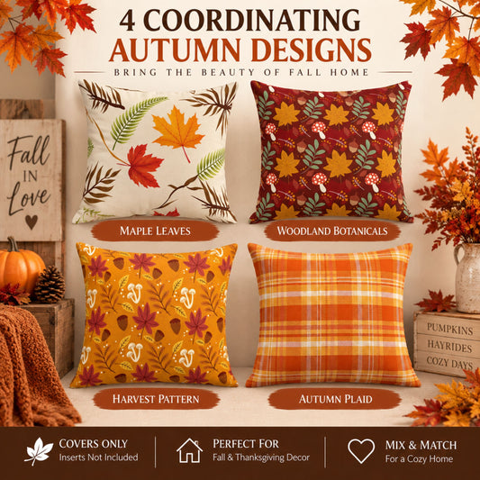 DecorX Fall Pillow Covers Set of 4 – 18x18 Maple Leaf & Plaid