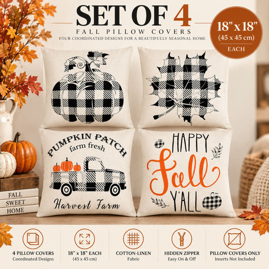 DecorX Fall Farmhouse Pillow Covers – Set of 4, 18x18