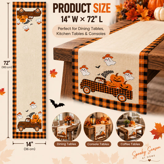 DecorX Halloween Table Runner 14x72 – Pumpkin Ghost Buffalo Plaid