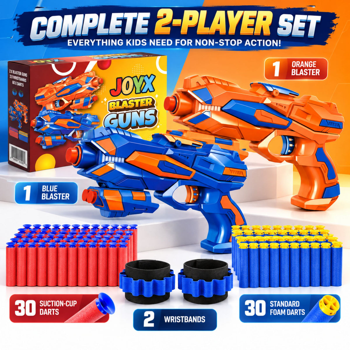 JoyX 2-Player Foam Dart Blaster Set with 60 Darts & Wristbands