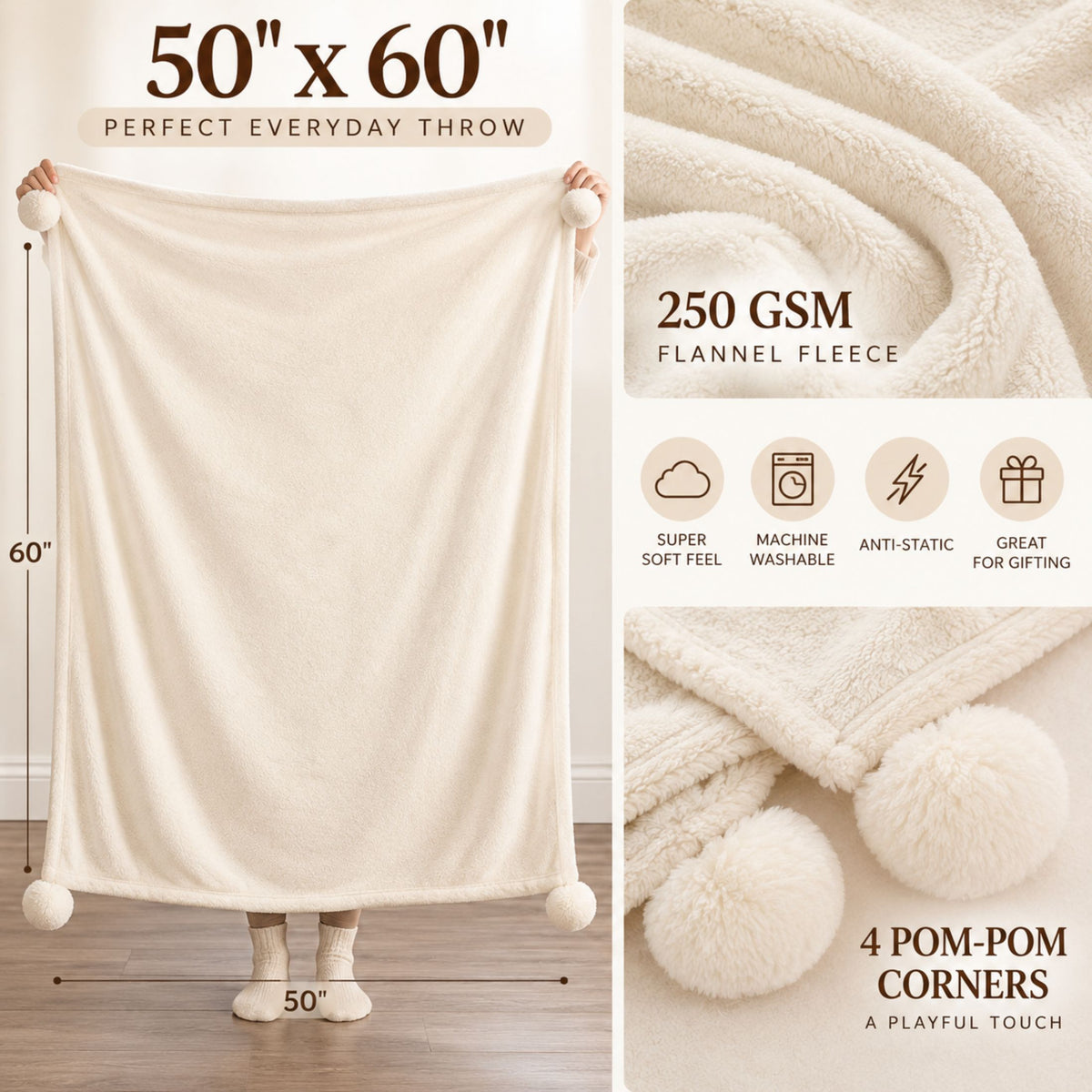 DecorX Ivory Flannel Fleece Throw Blanket – 50x60