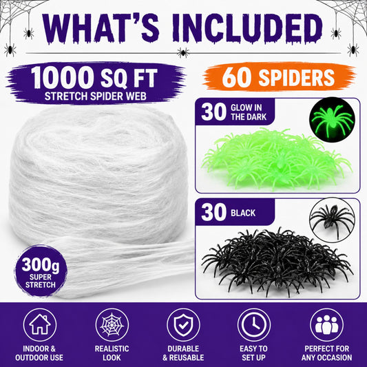 Halloween Spider Web Decorations, 1000 Sq Ft Stretch Cobweb, 60 Spiders, 30 Glow