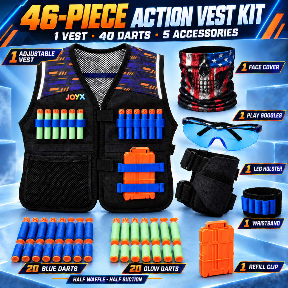 JoyX Kids Dart Vest Set with Glow-in-the-Dark Darts