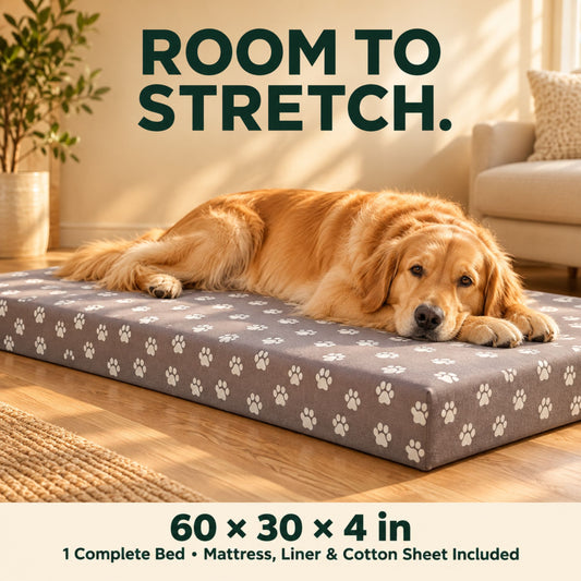 DecorX Human Dog Bed 60x30 Orthopedic Foam Washable Cotton Sheet Gray Paw Print